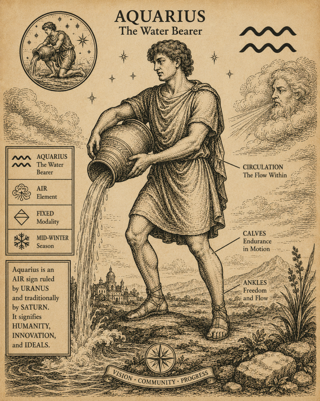 Aquarius zodiac engraving