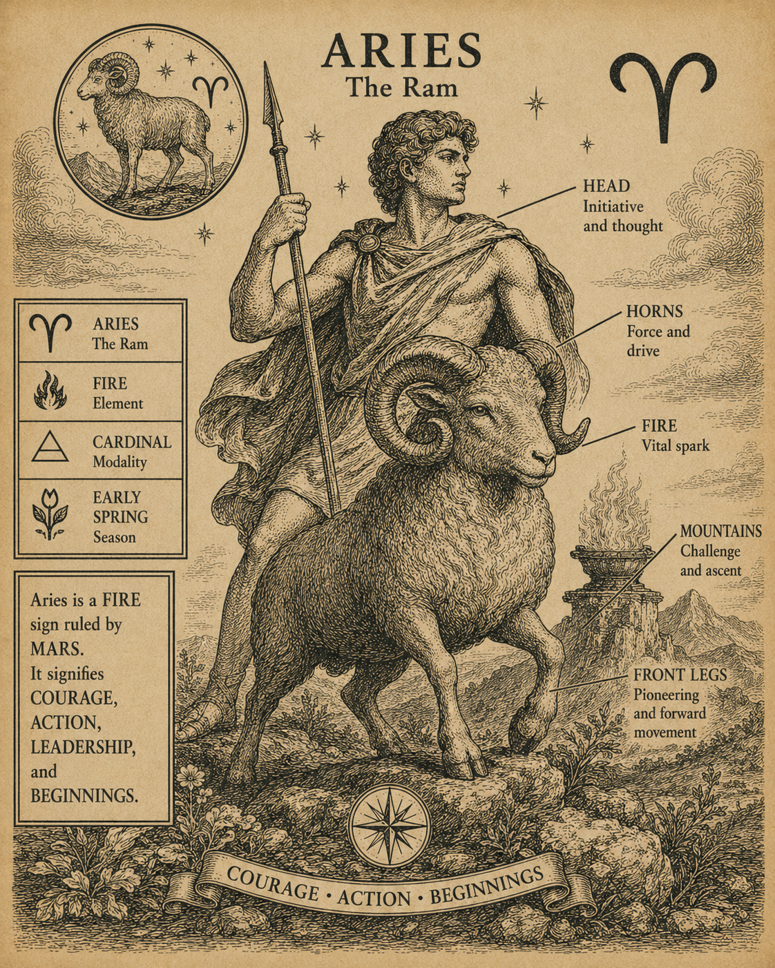 Aries zodiac engraving
