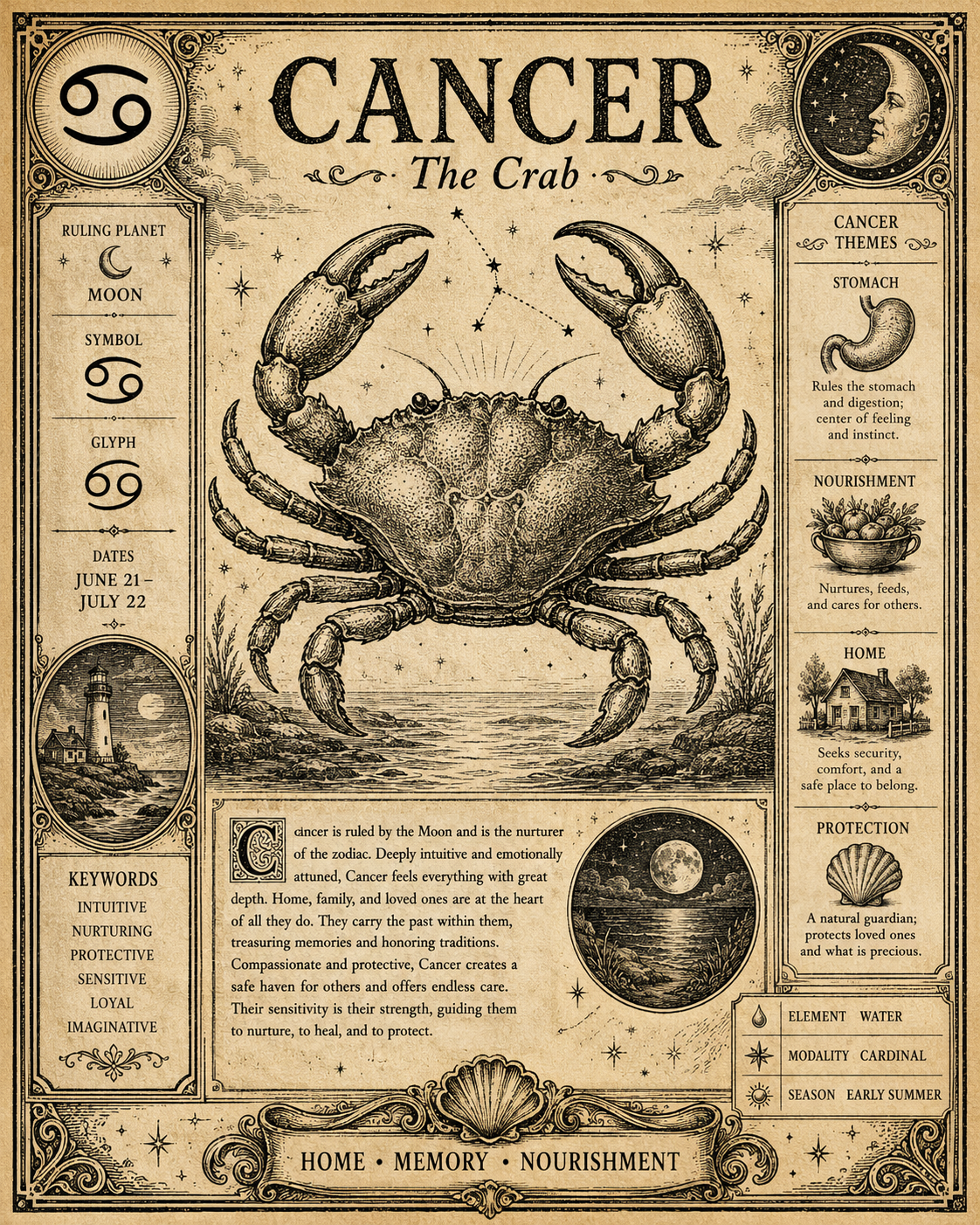 Cancer zodiac engraving
