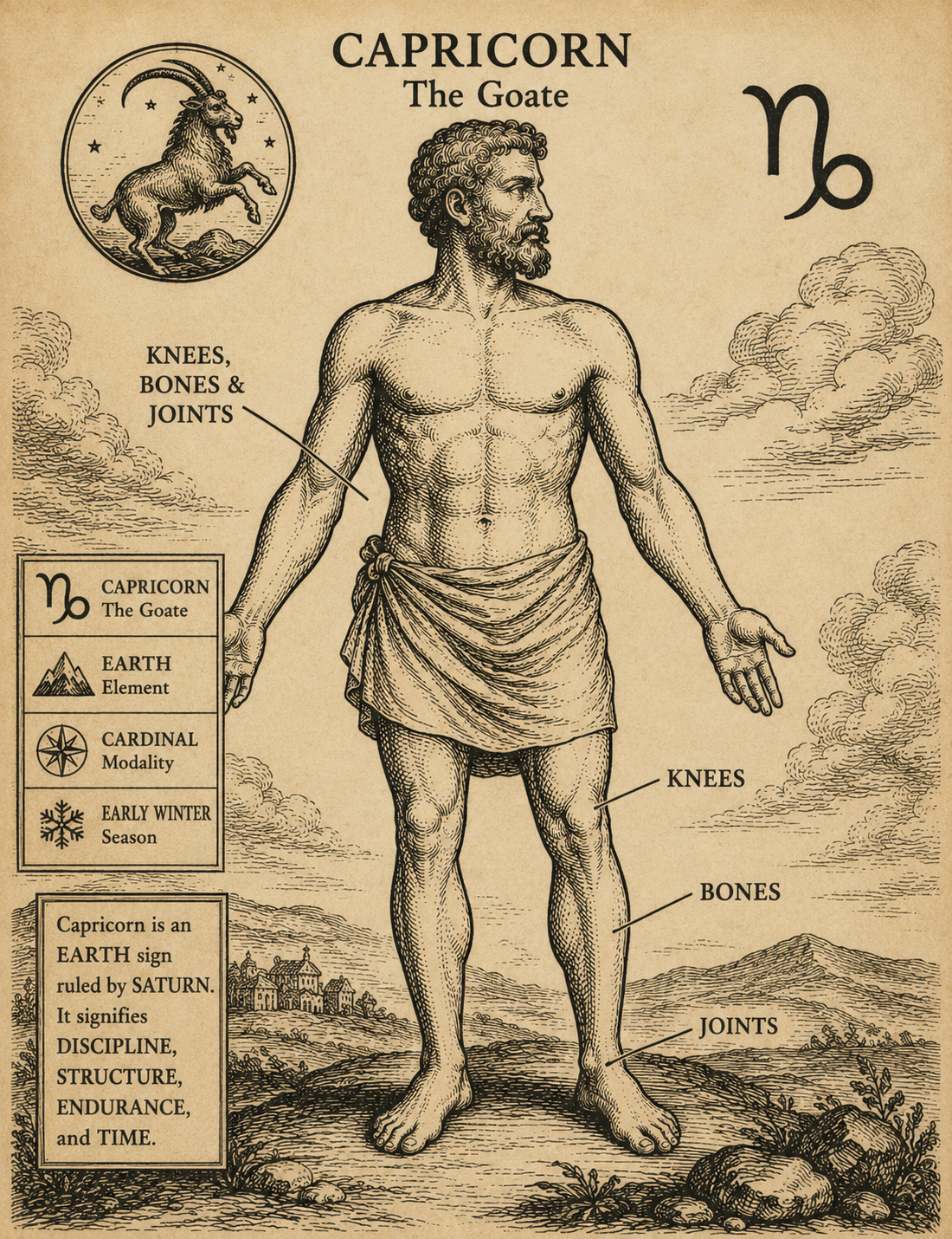 Capricorn zodiac engraving