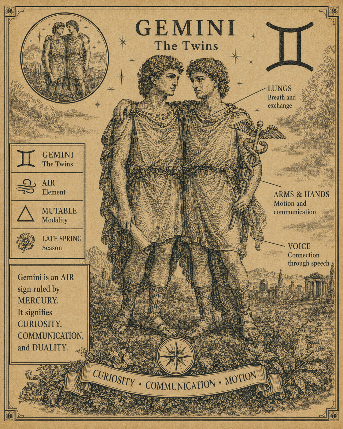Gemini zodiac engraving