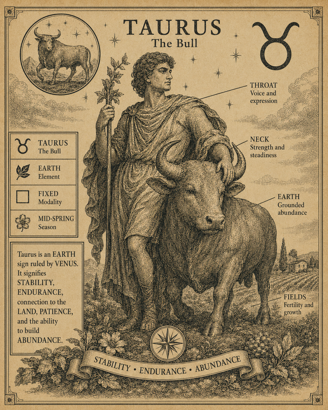 Taurus zodiac engraving